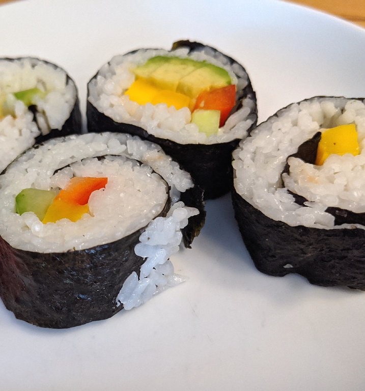 Homemade vegetarian futomaki sushi rolls